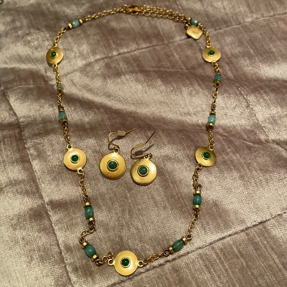 Ralph Lauren Semi Precious Green Jade Disc Necklace and Earrings Set